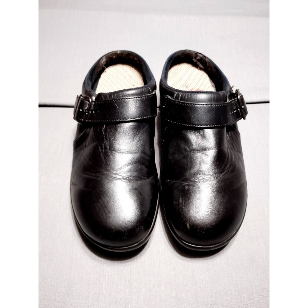 SAS Women 8 CLOGS Shoes MULES Black Leather Buckle Slip Resistant USA Old Money*